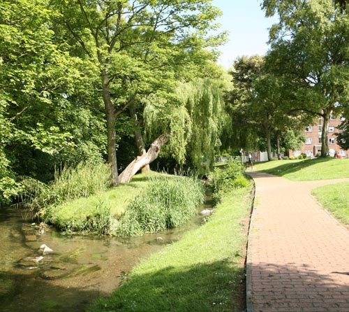 river path through Dover town centre